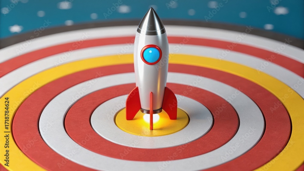 Poster startup success execution competition goals concept. rocket on a colorful target background ready fo