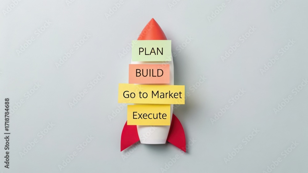 Aufkleber startup success execution competition goals concept. rocket with project management keywords for bus