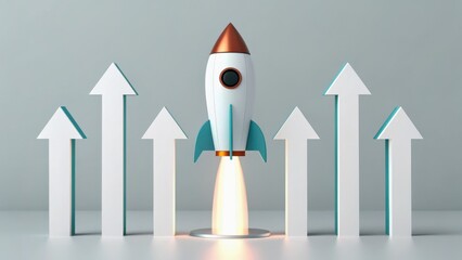 startup success execution competition goals concept. Rocket launching amidst upward arrows symbolizing growth and progress.