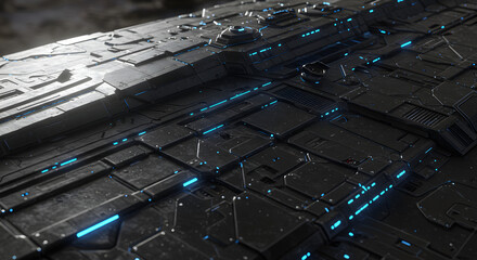A futuristic abstract with a detailed surface texture, where dark metallic plates are accented by sharp blue light details, creating a dramatic and technologically advanced visual effect.