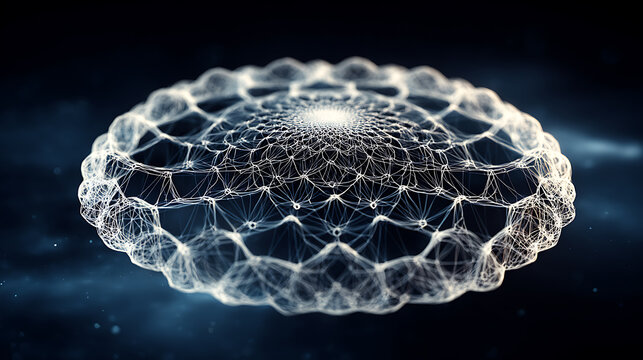 Abstract geometric network structure resembling a cellular or molecular form with interconnected nodes and glowing center