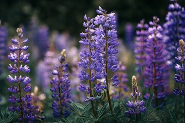 Fototapeta premium Amazing lupine blossoms illuminated by morning sun rays in a misty garden setting with deep blue 
