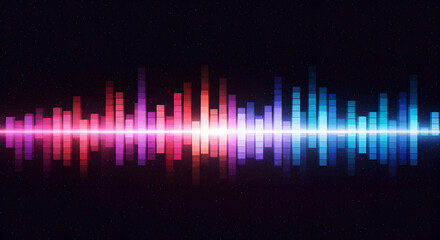 An abstract glowing equalizer graphic is displayed against a backdrop of a dark starry sky, creating an eye-catching audio visualization with vibrant gradient hues of red, blue, and purple.