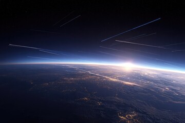 Sunrise over Earth with numerous meteor trails streaking across the dark sky