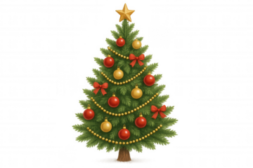 Christmas tree standing with golden star topper, red and gold baubles, string of beads, and red bows