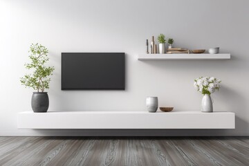 Minimalist living room with floating shelves, TV, and plants