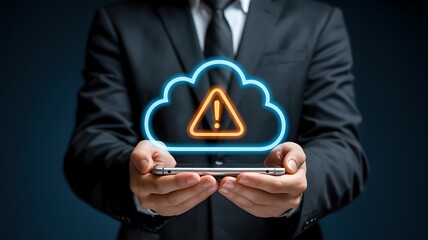 Businessman holding a smartphone displaying a glowing cloud icon with a warning symbol indicating cybersecurity or data breach alert