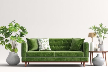 Green velvet sofa in minimalist room setting