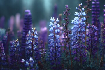 Obraz premium Amazing lupine blossoms illuminated by morning sun rays in a misty garden setting with deep blue 