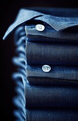 A detailed close-up of a stack of folded blue denim shirts with white buttons.