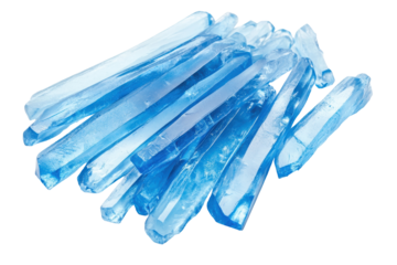 Cluster of blue and white icicles isolated on transparent background. Long blue crystal clear icicles isolated on white background.