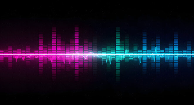 Energetic audio spectrum visualizer glows vibrantly against a starlit cosmic backdrop, showcasing sound frequencies through a dynamic, colorful equalizer display with pink and blue hues, that create