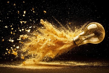 Light Bulb Explodes with Gold Powder Creating Dramatic Spark of Innovation Concept