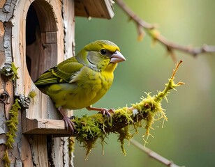Bird in wooden birdhouse