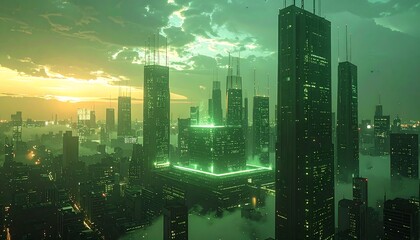 Futuristic city skyline at sunset, glowing green buildings