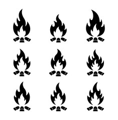 Set of hand drawn campfire flame icons with burning wood logs illustration