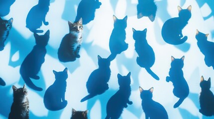 Cute Kittens Play With Shadows And Make Adorable Poses In Light Blue Style