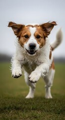 Happy dog running towards the camera on a green field.
