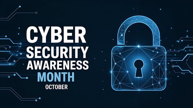 Digital padlock symbolizing cybersecurity awareness month in october with abstract circuit board elements and glowing blue light