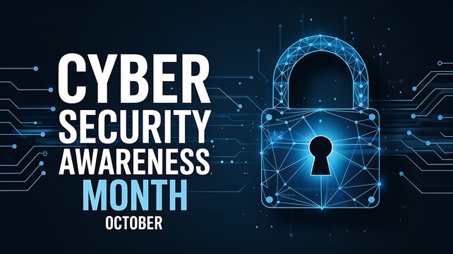 Cyber security awareness month october digital padlock with glowing circuit board pattern and data streams illustration