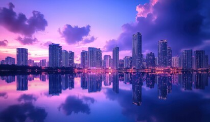 Obraz premium Beautiful cityscape with skyscrapers and buildings reflecting in water at sunset, purple sky with clouds creating calmness tranquility atmosphere