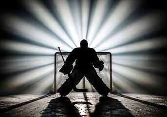 Dramatic silhouette of an ice hockey goaltender standing firm in front of the net, bathed in powerful backlighting, highlighting the intensity and focus required in the sport