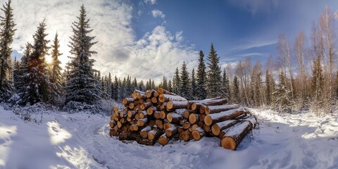 Logs Pile Up in a Snowy Winter Forest Landscape, Ready for Firewood