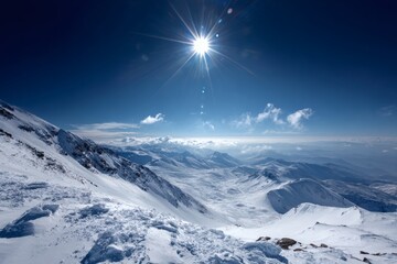 Winter mountain landscape with snow and sun, ideal for travel and sports