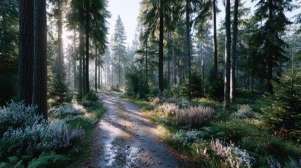 Obraz premium Scenic Forest Path with Sunlight Piercing Through Tall Trees in Cinematic HDR Autumn Landscape