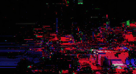 Abstract digital art showcasing fragmented patterns and bold contrasts using glitch art techniques, creating a dynamic visual experience with a dark background and vivid colors for a dramatic,