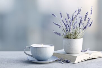 Light blue cup candle, lavender bouquet, open book