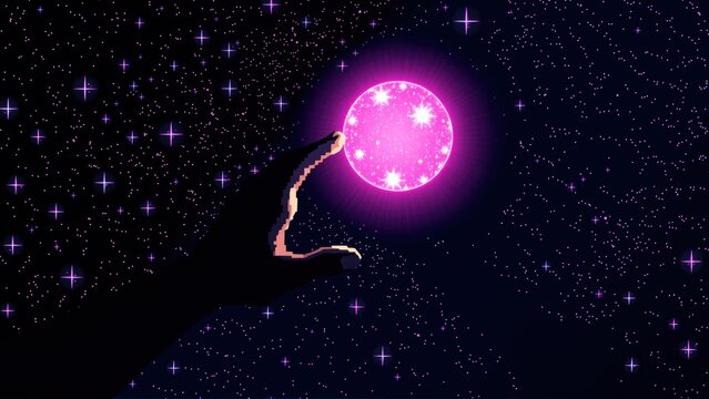 Pixel Hand Reach, Shimmering Orb Touch, Neon Stars Void, Ethereal Glow Orb, Abstract Touch Scene