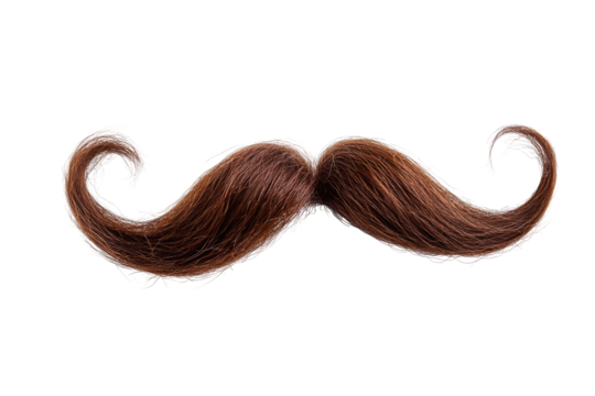 Brown curly moustache isolated on transparent background. Majestic chestnut brown hair mustache curled at the ends isolated on white background.