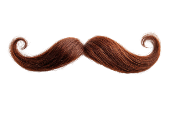 Brown curly moustache isolated on transparent background. Majestic chestnut brown hair mustache curled at the ends isolated on white background.