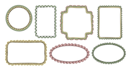 Collection of decorative frames with scalloped edges in various shapes.