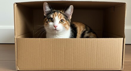 Calico cat sitting inside cardboard box