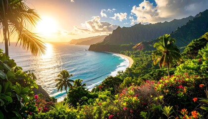 Tropical paradise sunset view