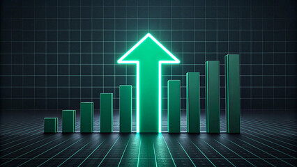 Glowing green bar chart with upward arrow growth concept