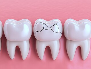 Row of white molar teeth with one cracked and damaged tooth on a pink background.