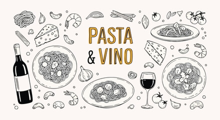 Enjoy a delectable pasta dinner with fine vino, featuring cheese, garlic, shrimp, tomatoes, and pasta, perfect for restaurant menus and culinary arts