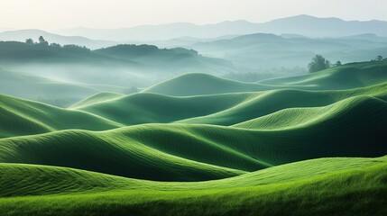 Green rolling landscape with undulating hills captured in soft morning showcasing nature's curves and textures creating inviting scene evoking calmness and tranquility