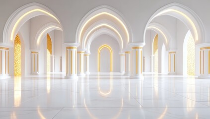 Elegant White and Gold Islamic Architecture Interior:  Grand Hall with Arches and Marble Floor
