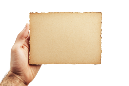 Hand holding old parchment paper isolated on transparent background. Male hand holding a square blank sheet of paper isolated on white background.