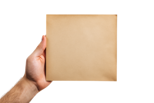 Hand holding old parchment paper isolated on transparent background. Male hand holding a square blank sheet of paper isolated on white background. - Powered by Adobe