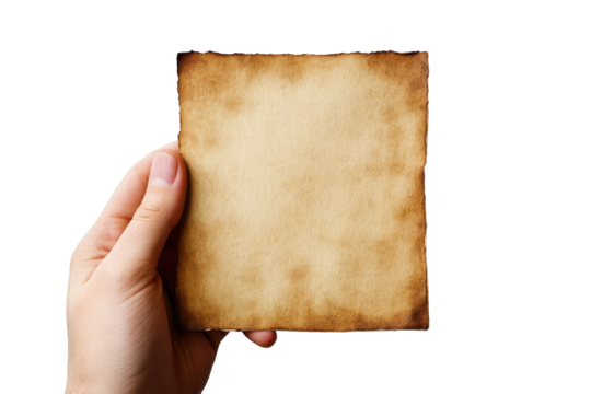 Hand holding old parchment paper isolated on transparent background. Male hand holding a square blank sheet of paper isolated on white background.