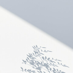 Minimalistic abstract light grey wall background for product presentation with sunlight shadow of plant leaves