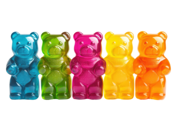 Colorful gummy bears in a row isolated on transparent background. Multicolor collection of jelly gummy bears isolated on white background.
