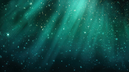 Mesmerizing cosmic scene with teal and green hues, featuring sparkling stars and ethereal light beams creating dreamy, celestial atmosphere. image evokes sense of wonder and tranquility