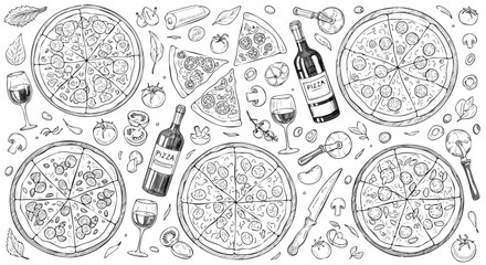 Savor the moment with delicious hand-drawn pizzas, wine, and fresh ingredients, perfect for culinary inspiration and food service designs.