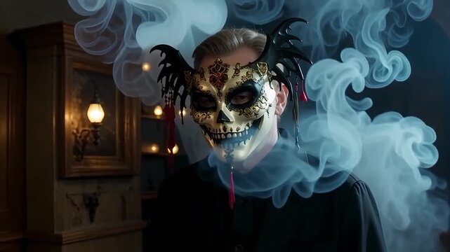 Mysterious masked figure amid swirling smoke in dimly lit room, creating intrigue and suspense